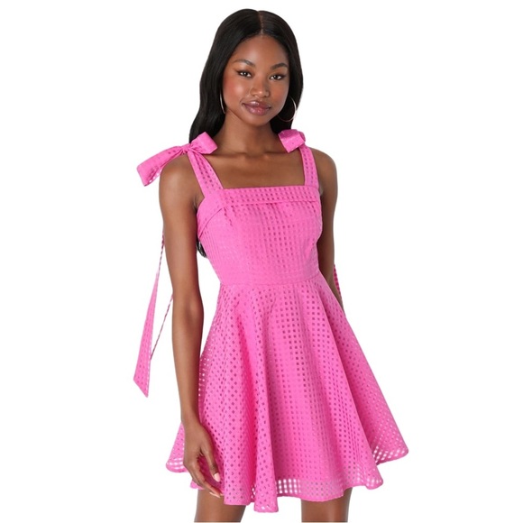 Lulus Dresses & Skirts - Lulus Forever Darling Magenta Gingham Burnout Tie-Strap Mini Dress Size Small